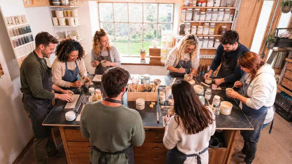 Équipe d'entreprise en atelier céramique pour un team building à Strasbourg